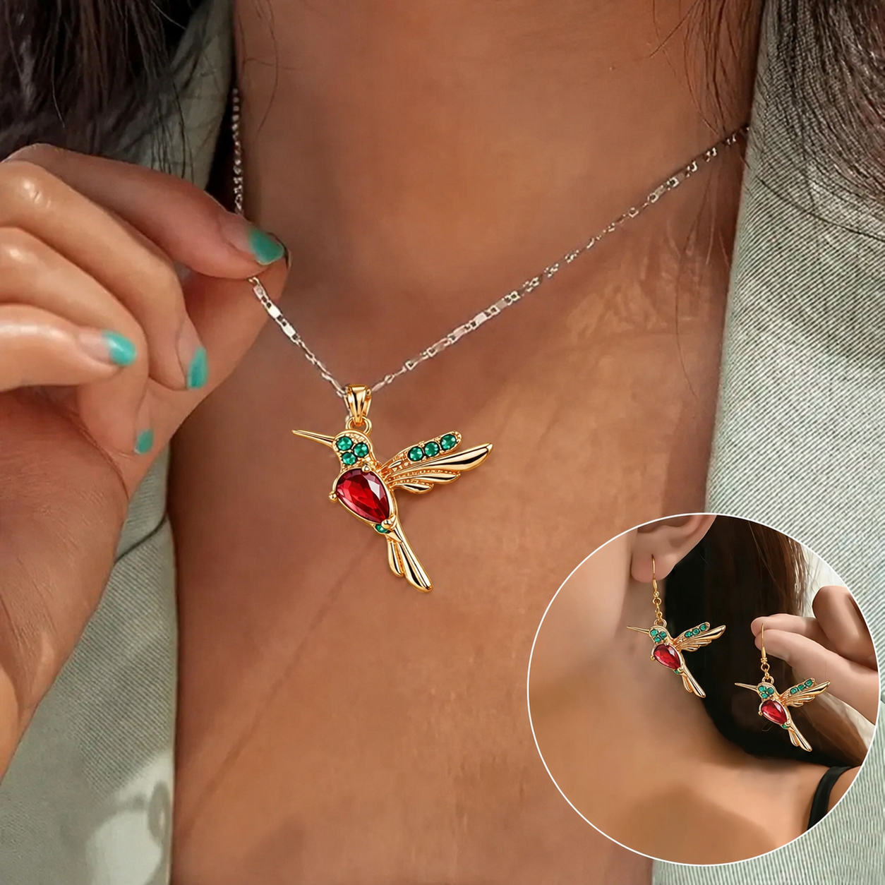 🔥 Letzter Tag: 50 % Rabatt!! | CZTICLE® 🦜 2026 Brandneues Upgrade 💥 Exquisite rote Achat-Kolibri-Halskette mit Gratis-Ohrringen